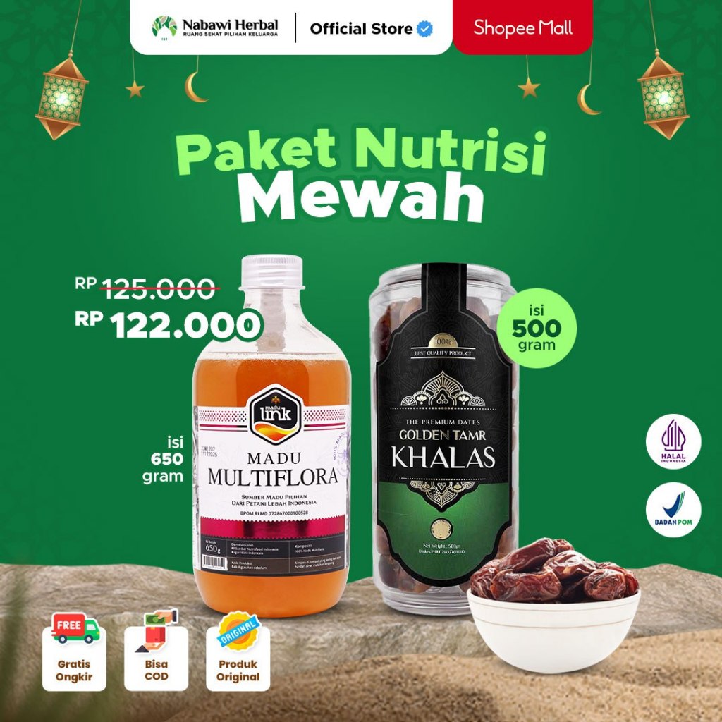 

PAKET NUTRISI MEWAH - Kurma Golden Tamr Khalas 500gr & Madu Link Multiflora 650gr