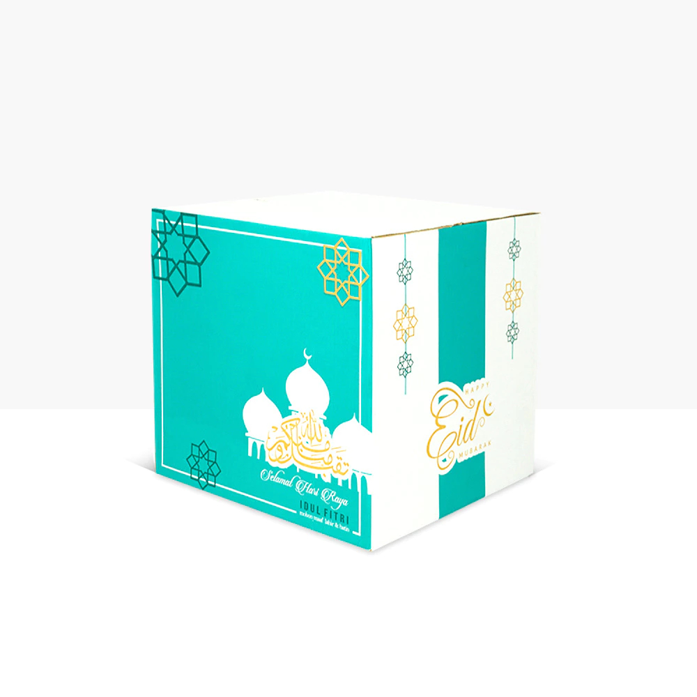 

( 5 Pcs )Box Kardus Karton Parcel Sembako Lebaran Murah Bahan Tebal Kokoh Motif Eid Tosca Ukuran 35x33x33 Cm