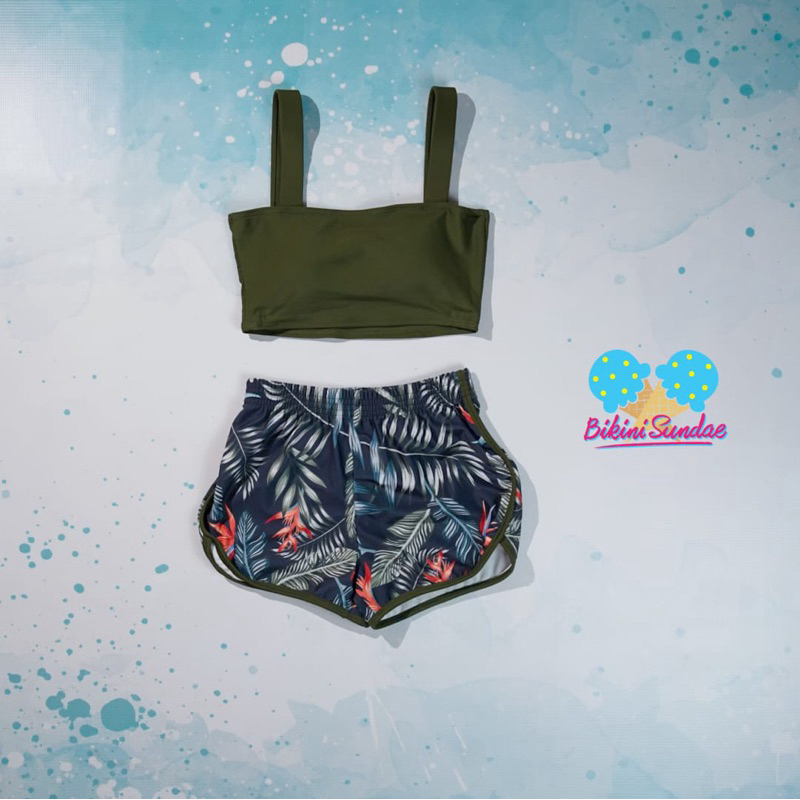 Swimsuit Set Bikini Baju Renang Wanita Bikini Boxer green army and navy with leaf