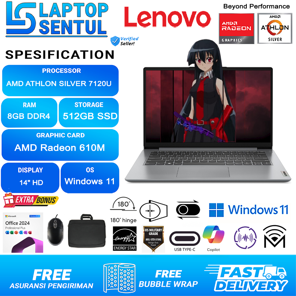 Lenovo ideapad Slim 1 Amd Athlon Silver 7120U 1TB SSD FHD Windows11 OHS Grey