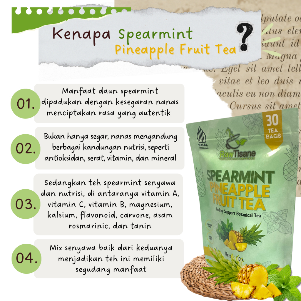 

MAR RAW TISANE Spearmint With Pineapple Fruit Tea : Teh Celup Daun Spearmint & Buah Nanas Isi 30 Tea