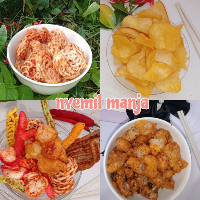 

Nyemil Manja makanan siap saji dan pedes. Siomay kering,seblak beton mix, kripik singkong jagung manis dan kerupuk seblak mawar