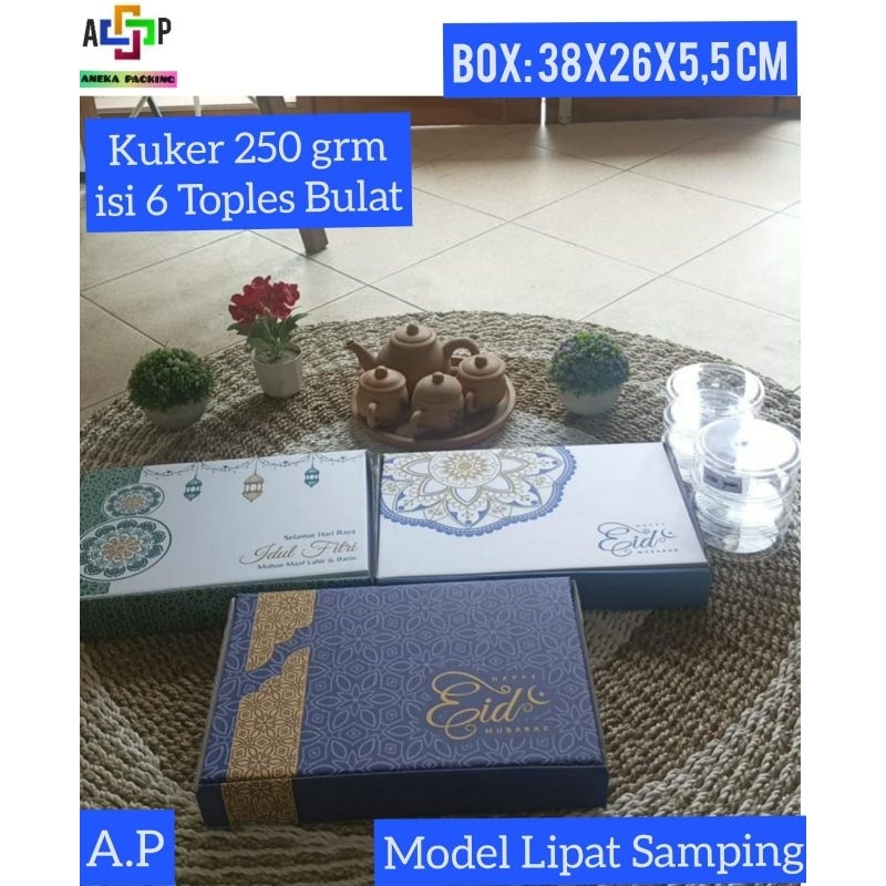 

Box 38x26x5,5 cm( Kuker 250 Gr, isi 6 Toples Bulat) Kardus/Hampers/idulfitri/Lebaran/Kue Kering