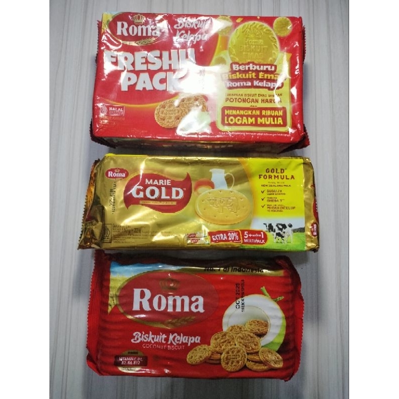 

Biscuit Roma Kelapa Freshh Pack 230 Gram / Roma Kelapa 300 Gram / Roma Marie Gold 110Gr+22Gr