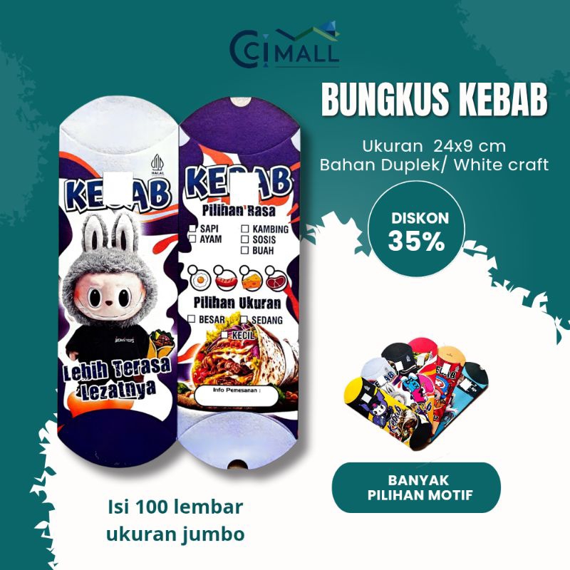 

Kertas Pembungkus Kebab / Kemasan Kebab / Box Kebab - Isi 100 Lembar 24x9cm - Aman untuk Makanan - Motif Kartun Kekinian - labubu ungu