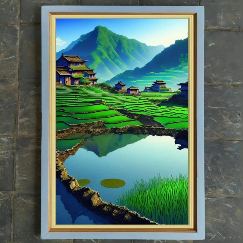 hiasan dinding lukisan cetak pemandangan sawah hijau plus FIGURA ukuran 80*50