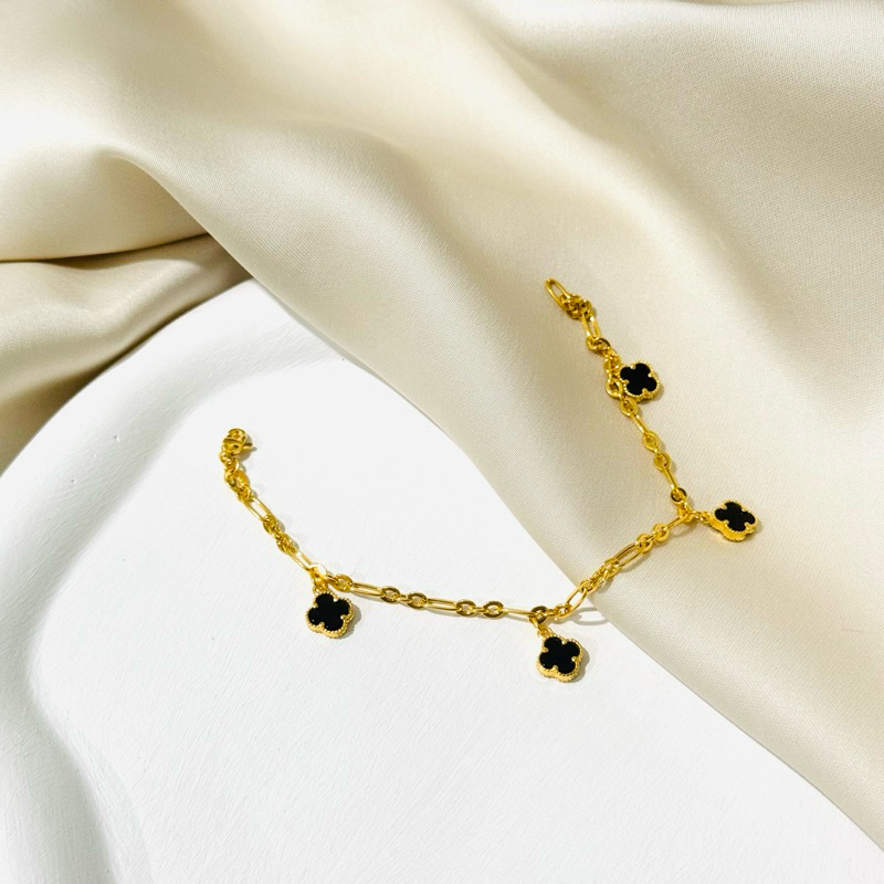 Gelang Vanessa Clover Hitam Emas Asli Kadar 700 16K