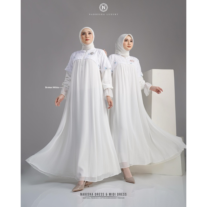 NAVISHA DRESS NADHEERA LUXURY WHITE DRESS UMROH DRESS PUTIH LEBARAN