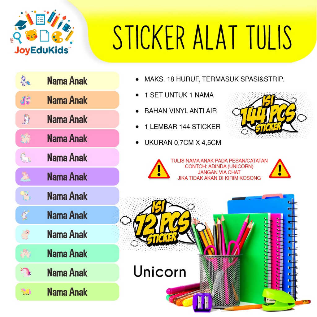

Stiker Nama Anak Custom Unicorn 72 Pcs | Tema Kartun Lucu Tahan Lama