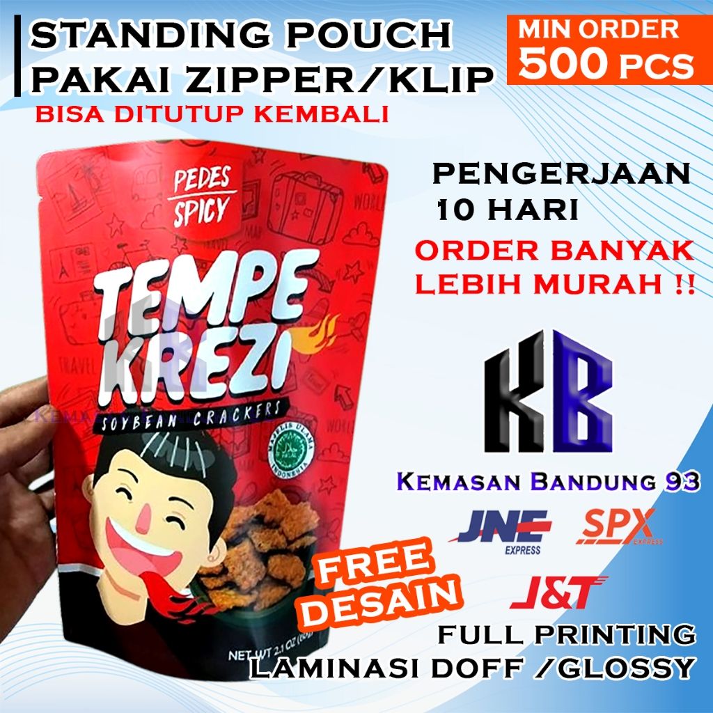 Cetak Kemasan Custom Standing Pouch Min Order 500 Pcs Pakai Ziplock/klip Full Printing Plastik Makan
