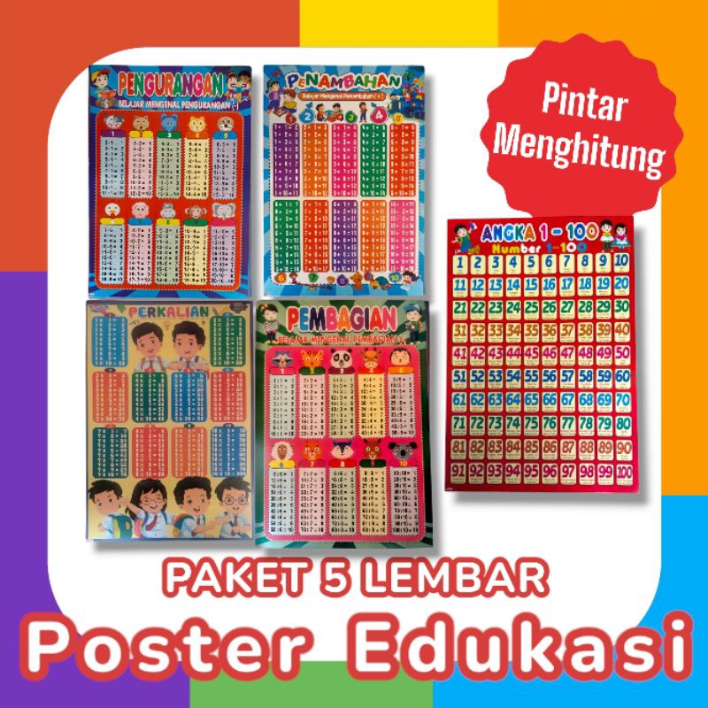 Paket 5 Poster Edukasi Anak Lengkap Belajar Gambar Dinding Estetik perkalian pembagian angka 1-100