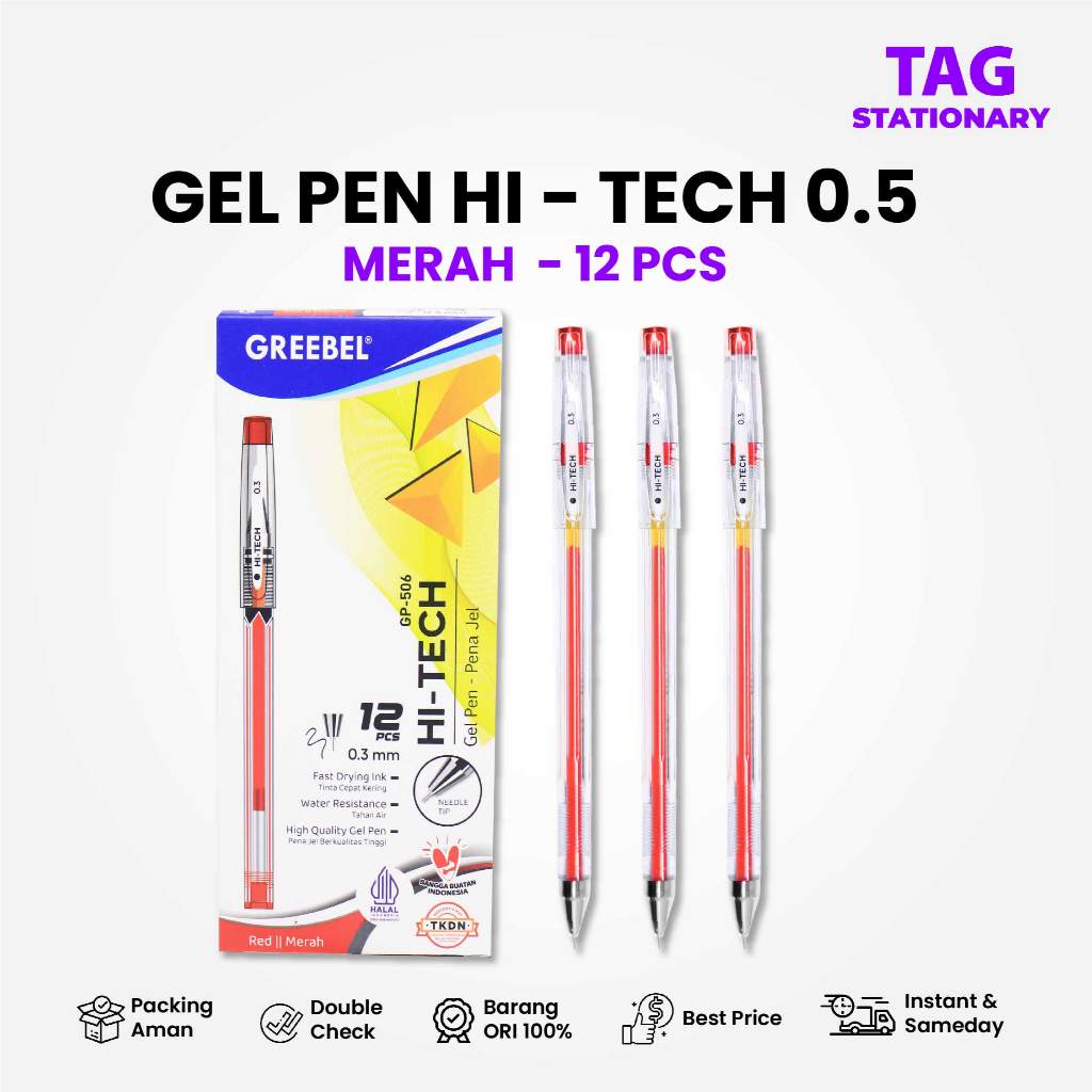 

GREEBEL PULPEN GEL / Gel Pen GP-506 Hi-Tech 0.3 Merah (12PCS/SET) / Ballpen Gel Bolpen Bolpoin Cetek
