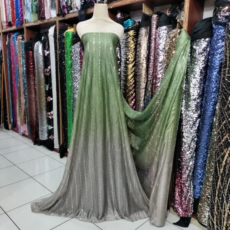 Bahan kain Plisket streach Gradasi campur warna meteran permium
