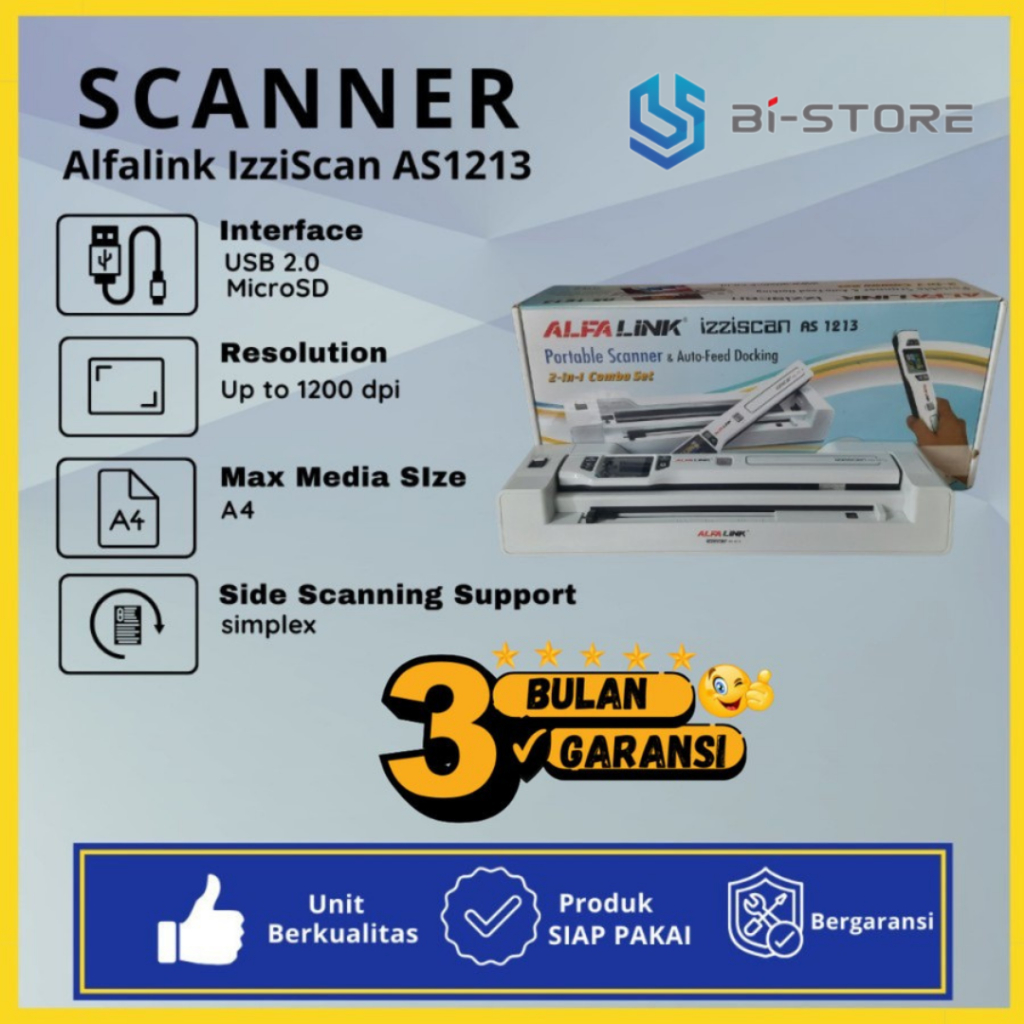 Scanner Portable Alfalink IzziScan AS1213 Ada Dus nya Dan Docking Siap Pakai