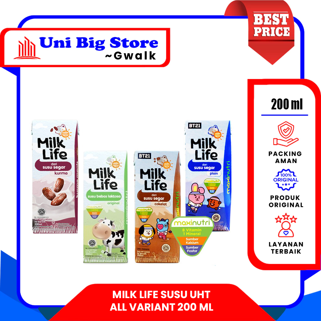 

SUSU MILK LIFE UHT PLAIN - CHOCOLATE - KURMA - BEBAS LAKTOSA - 200 ml