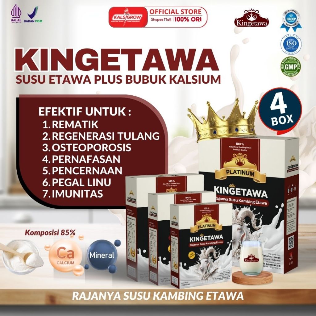

Kingetawa Platinum Susu Bubuk Kambing Etawa Paket 4 Box Susu Tinggi Kalsium untuk Berbagai macam keluhan penyakit anda