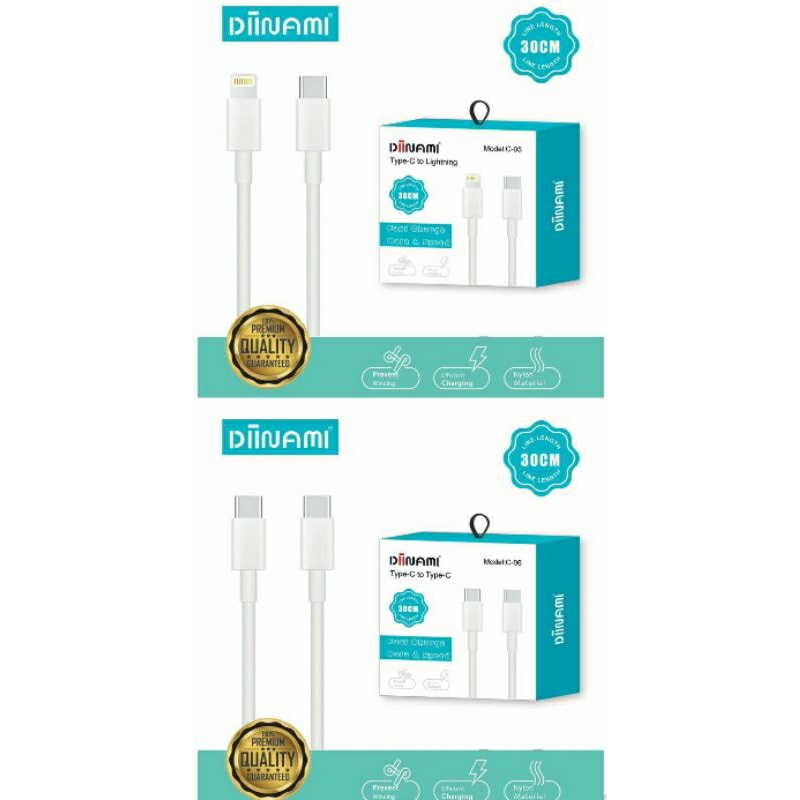 Kabel Powerbank Pendek 30CM Diinami TYPE-C TO LIGHTNING & TYPE-C TO TYPE-C