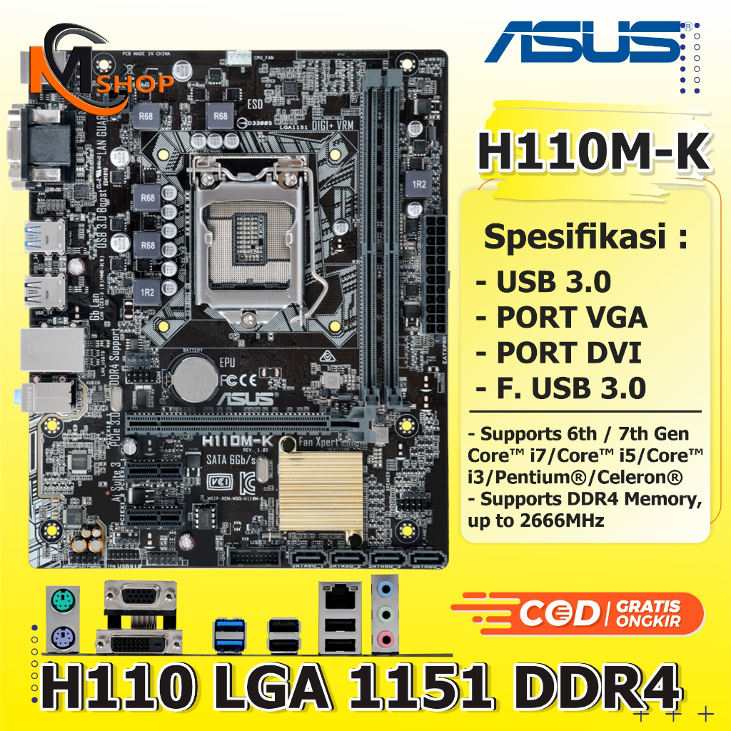 Mainboard Motherboard Mobo Intel H110 1151 DDR4 Asus HDMI M2 SATA