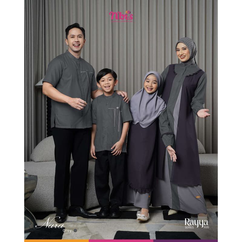Sarimbit Nibras 2025 - NARA GREY - Baju Lebaran Keluarga N'BRS Gamis Koko dan Anak Terbaru