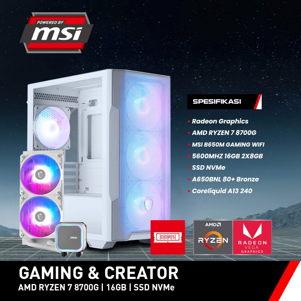 PC Rakitan MSI - GAMING & CREATOR D5 W | AMD RYZEN 7 8700G | 16GB | SSD NVMe