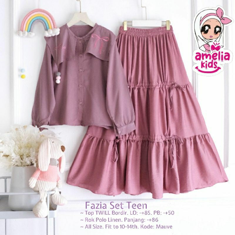 FAZIA SET TEEN BAHAN TOP TWILL BORDIR ROK POLO LINEN ORI By AMELIA KIDS
