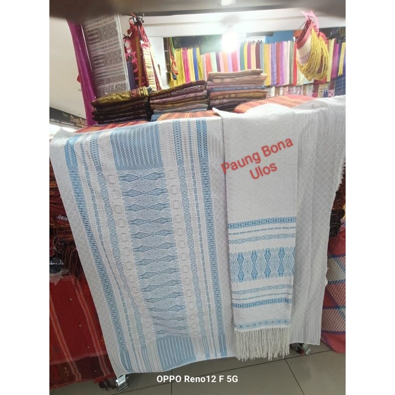SONGKET TUMTUMAN TTS SUTRA BEMBERT BENANG KRISTAL WARNA PUTIH TUMPAL BIRU
