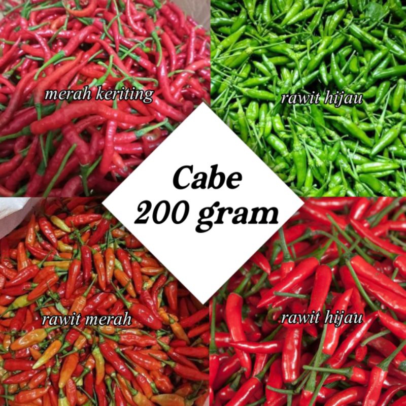 

{ 200 GRAM } Cabai Rawit merah, Cabe merah keriting,Cabe merah besar, Cabe hijau besar,Cabe rawit hijau