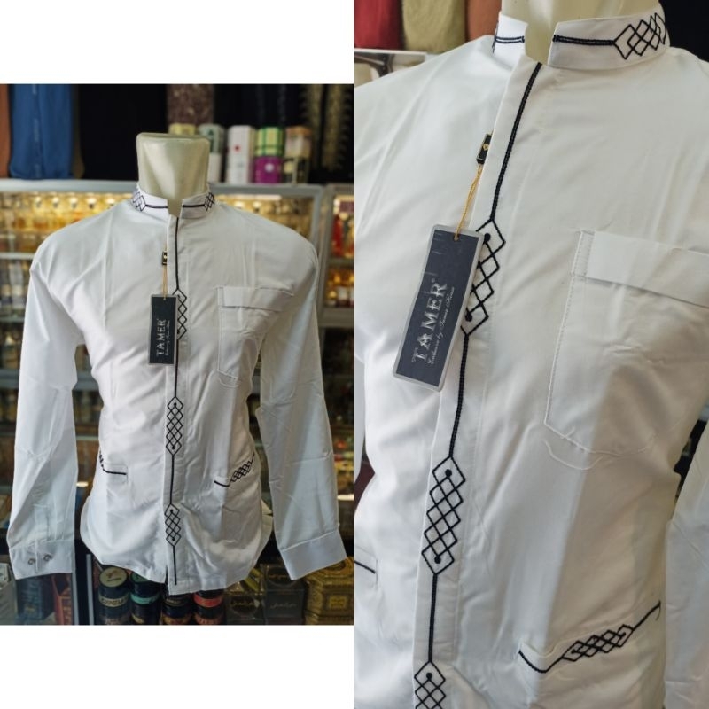 Baju Koko / Baju muslim Pria Tamer putih lengan panjang manset bordir katun premium Tulip
