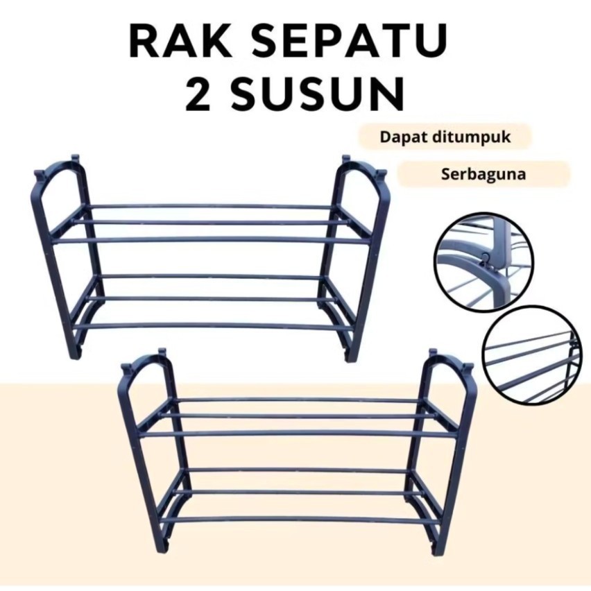 Rak 2 Susun Pipa Hitam Trilins Serbaguna - Rak Sepatu Plastik 2 Susun - Rak Sepatu
