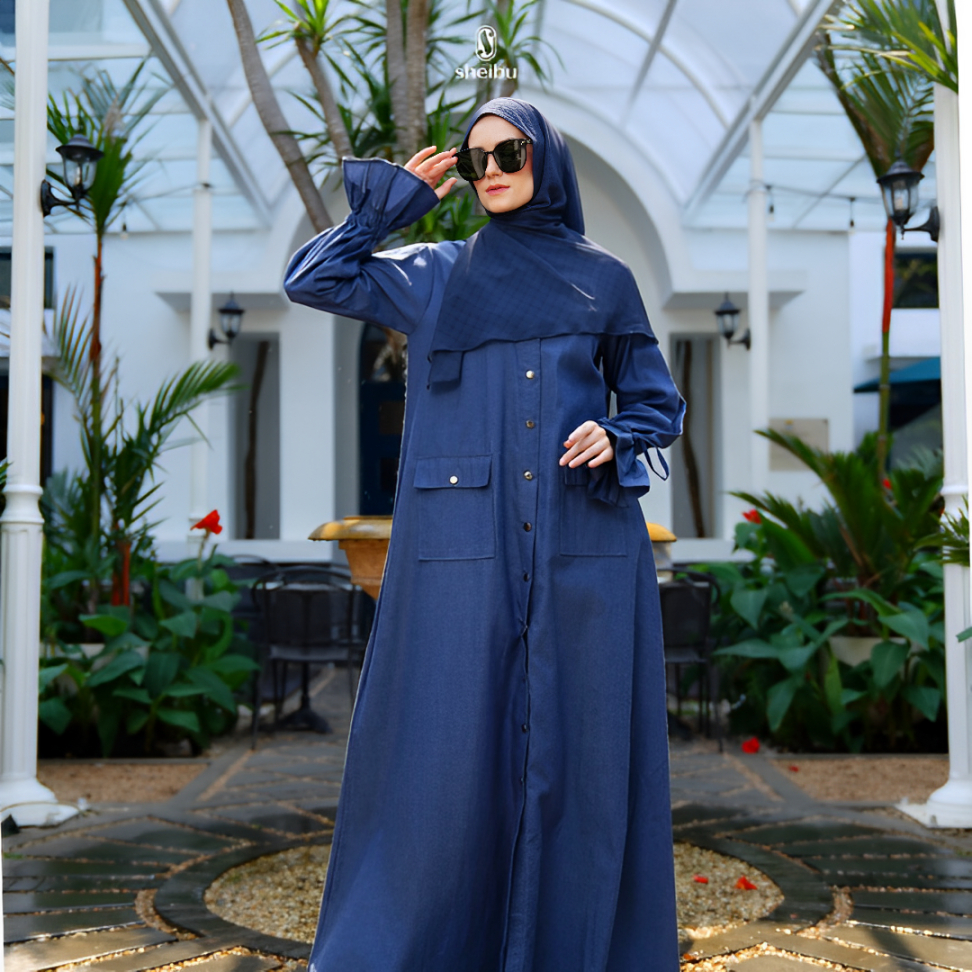 Sheibu Hanara Dress Gamis Muslim Wanita Hijab Syari Daily Basic Formal Casual Denim Tidak Menerawang