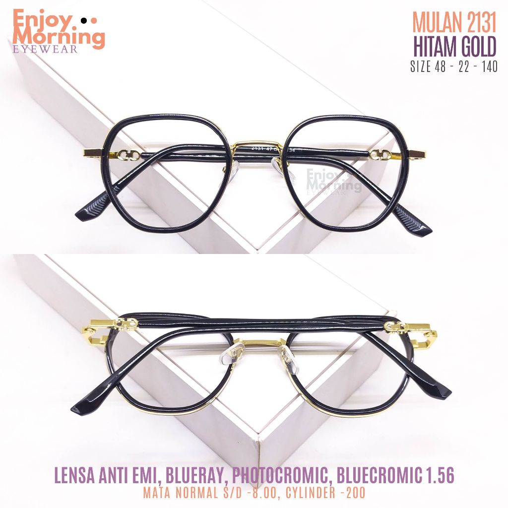 MULAN Kacamata Wanita Bulat Oval Plastik Gagang Besi Minus -025 s/d -8 Silinder -2 Anti Radiasi Blue