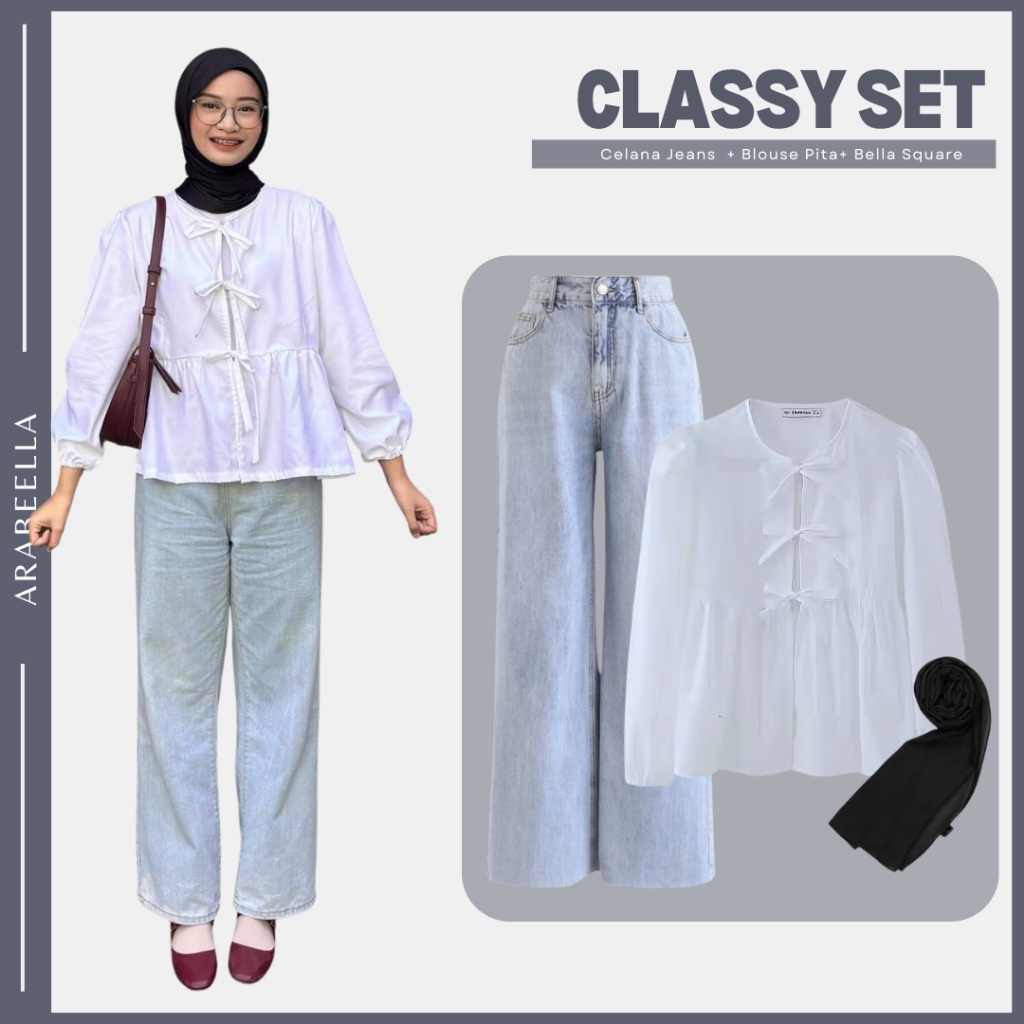 Setelan Wanita Classy / Celana Jeans / Blouse Pita / Bella Square / Oneset Korean / Ootd Hijabers