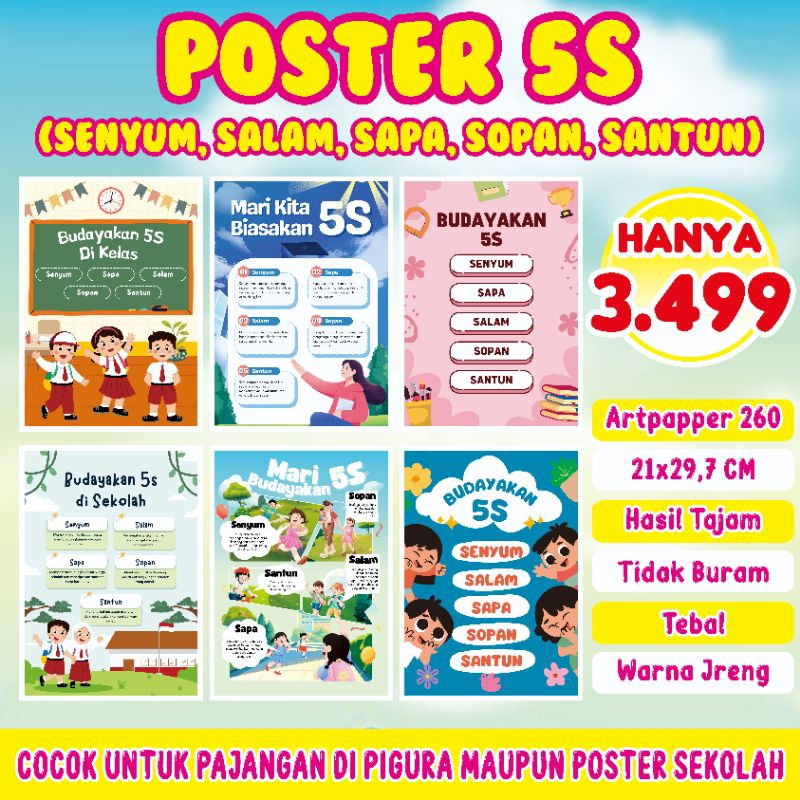 POSTER 5S SENYUM SALAM SAPA SOPAN SANTUN UNTUK SEKOLAH TERBAGUS