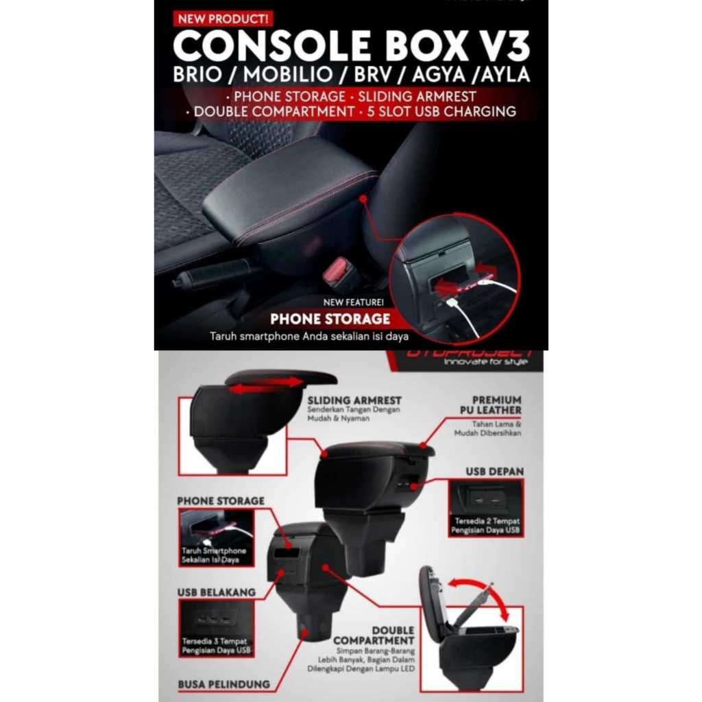 Console Box Armrest USB  Mobil Brio Mobilio BRV Agya Ayla