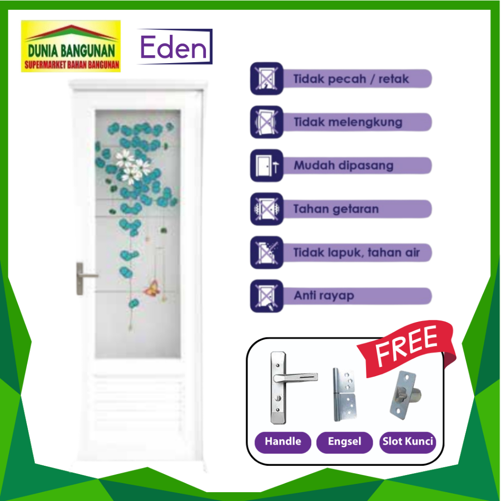 Pintu Kamar Mandi UPVC Eden Joice G3010 70X198 cm Pintu UPVC Putih Bunga Biru