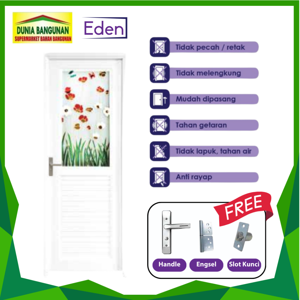 Pintu Kamar Mandi Eden Joice B003 70X198 cm Pintu UPVC Putih Bunga