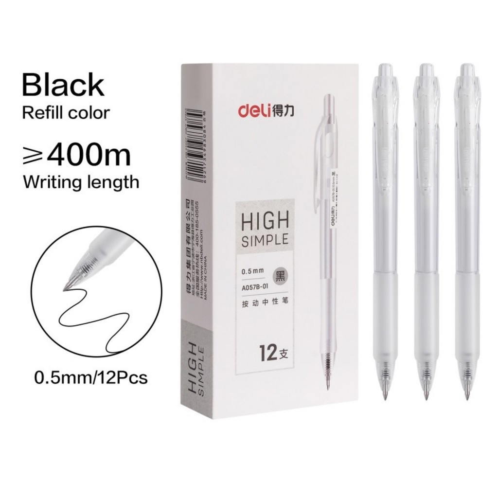 

Ballpoint Pulpen Pen Gel Pena Cair Tekan DELI A 057B 0.5 mm Hitam Body Transparan Bening