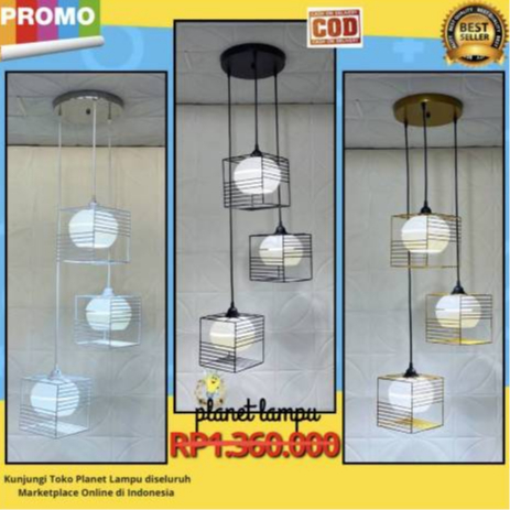 Lampu Gantung Hias Estetik Minimalis Model Kotak Isi Bulat Putih Gantung 3 Plafon Bulat