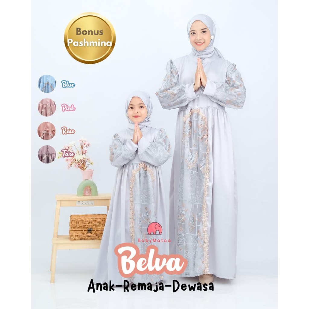 Belva Dress Gamis Brukat Baju Muslim Dewasa Ibu dan Anak Perempuan Gaun Pesta Lebaran 3-12 tahun