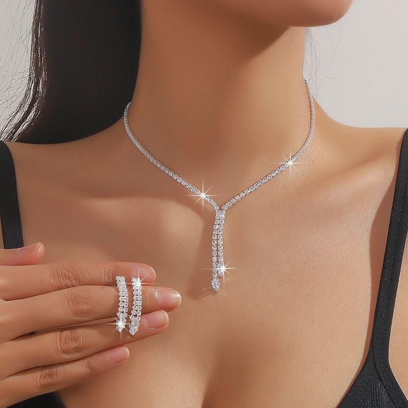 Set kalung anting berlian kalung pesta mewah Model Garis Berlian
