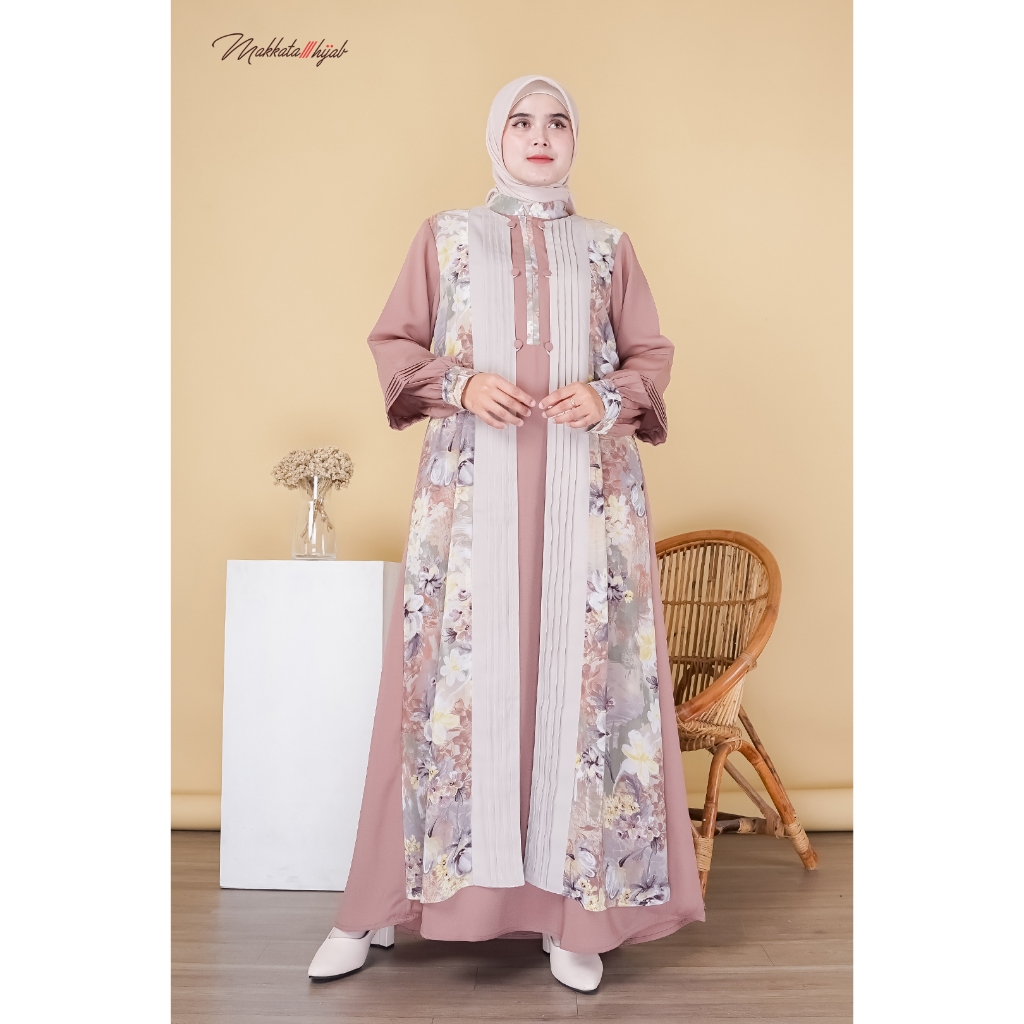 NEW Lavinia Dress Motif Bunga Gamis Wanita Simple Premium Elegan Original Kekinian Terbaru Makkata H