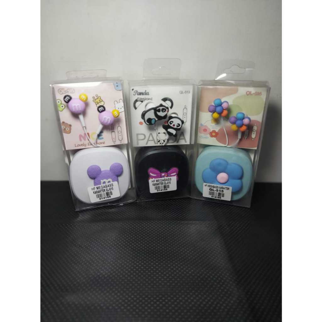 Set Headset Earphone karakter motif LUCU plus + Wadah KOTAK Earphone Motif