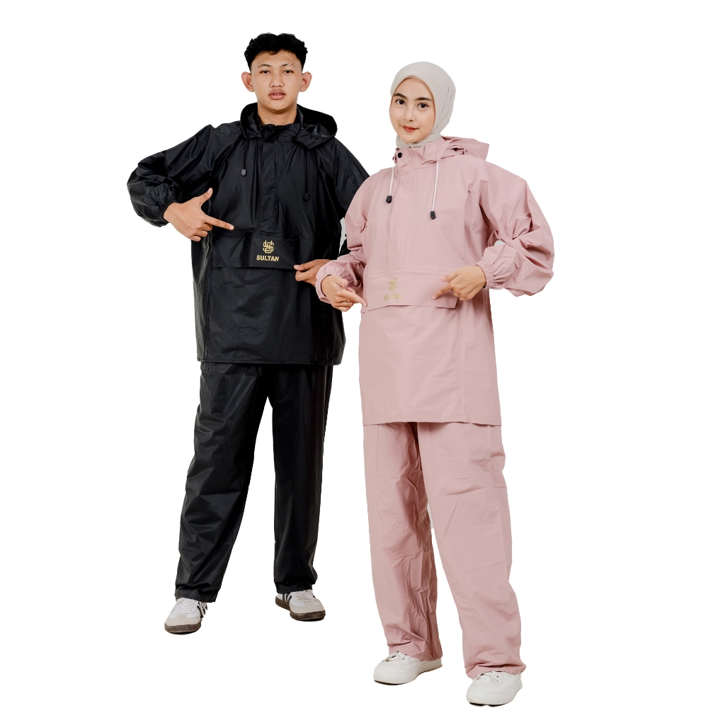 SULTAN Jas Hujan Kanguru Setelan Pria Wanita Setelan Baju + Celana Dewasa Hitam