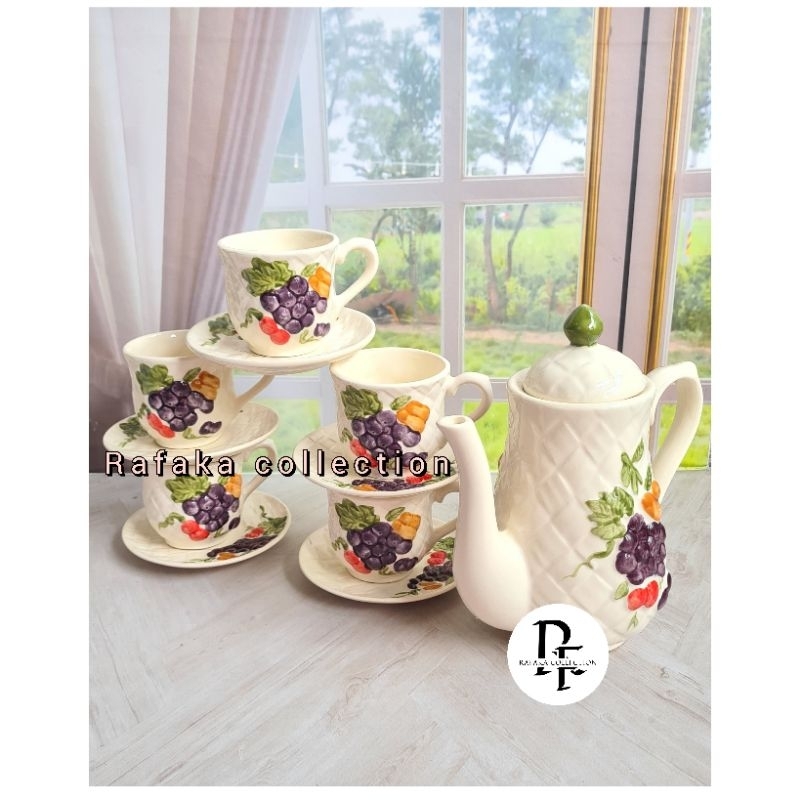CANGKIR TEKO SET JUMBO KERAMIK MOTIF BUAH/ GELAS TEH KOPI KERAMIK