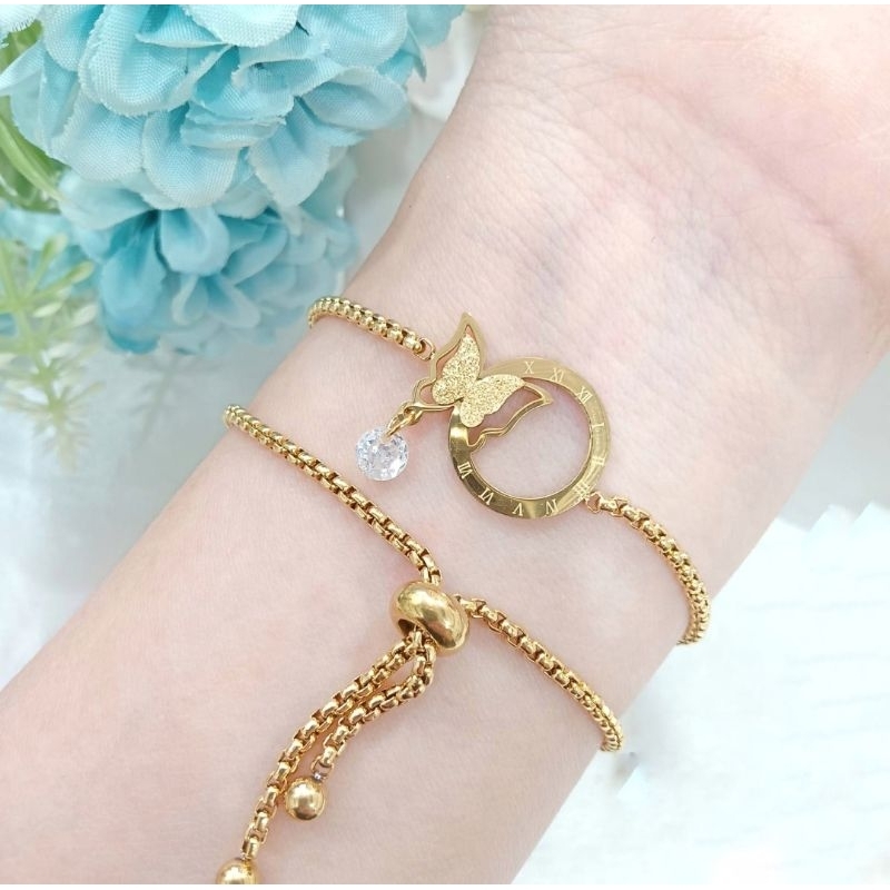 Gelang Tangan Wanita Titanium Model Serut Motif kupu kupu terlaris