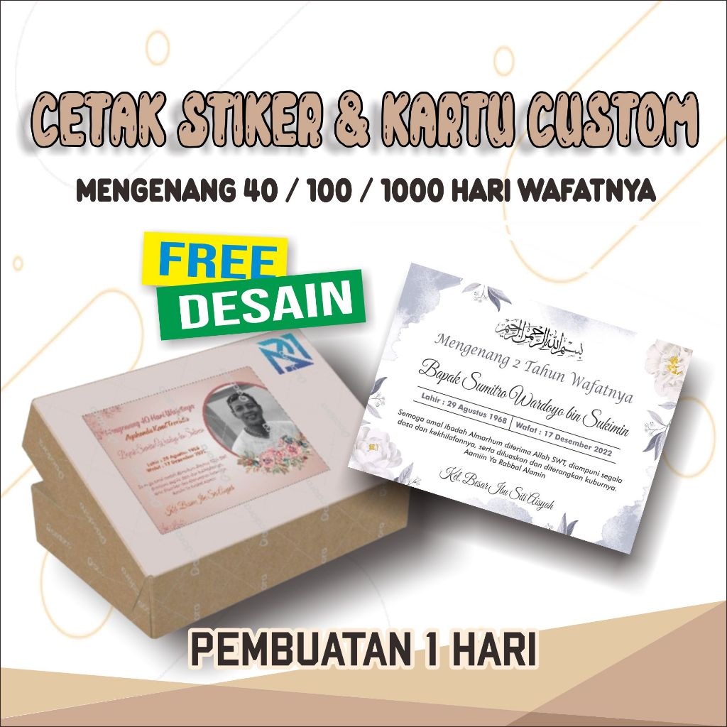 Cetak Stiker / Kartu Custom Peringatan Haul dan Tahlilan, Mengenang 40/ 100/ 1000 Hari Wafatnya