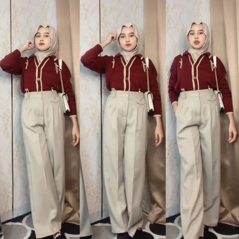 One Set Wanita / Cardigan Knit + Oro Pants Haighwaist / Setelan Wanita / Setelan Wanita Kekinian / O