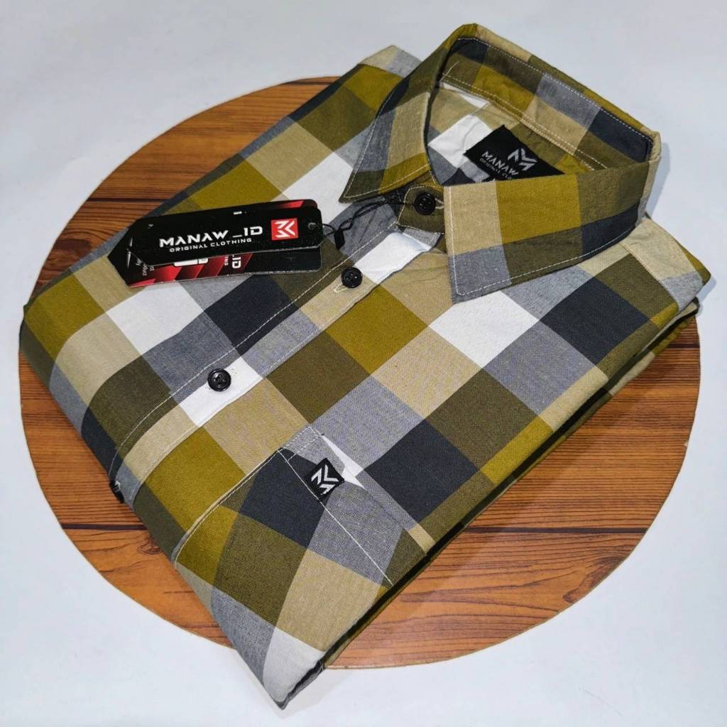 Atasan Baju Kemeja Pria Bahan Katun 30s Lengan Pendek Motif Garis Kotak Size Standar Ukuran M L XL H