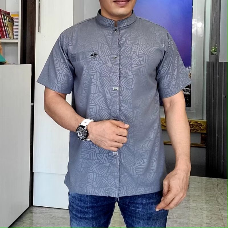 Kemeja Koko Sultan Pendek Pria Muslim Terbaru Motif Embos