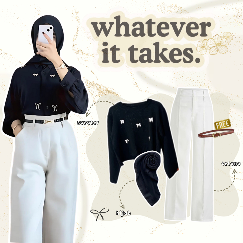 Outfit One Set Wanita (Hijab+Sweater+Celana) Set Ngampus Remaja Kekinian - LO23